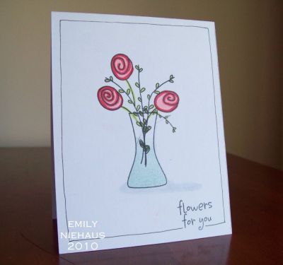 Flowers For You
I just love the November 2010 club set, flowers2share.  So much fun to create different flower arrangements in the vase!  For this card I used my Copic markers to add color to may flowers and vase.  I doodled a border around the edge of the base.  A very clean and simple card!

TFL!

http://emmielouwho.blogspot.com/
Keywords: flowers2share CAS