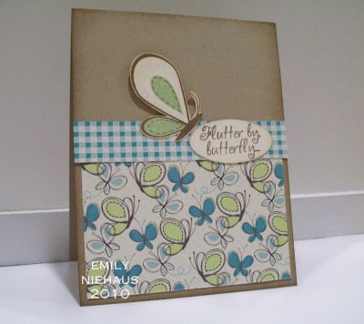 Flutterby Butterfly!
For this card I used DP from K&Company's Poppy Seed collection.  I LOVE how the butterflies in the paper look like the stamp!  I stamped the butterfly in brown ink and then filled in parts of with a green Copic marker.  I also doodled in some lines on the wings to mimic the wings in the DP.

TFL!

http://emmielouwho.blogspot.com/
