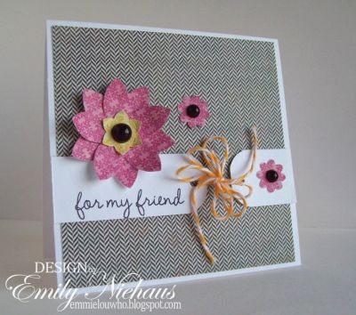 for my friend
I just love all of the fun sentiments in the tinytitles2stamp set. I made this card for a friend's birthday.  I used paper from Crate Paper's Random collection. The punch is an older SU punch. I added some twine from The Twinery and some black Kaiser pearls to the center of my punched flowers.

TFL!

http://emmielouwho.blogspot.com/
Keywords: tinytitles2stamp