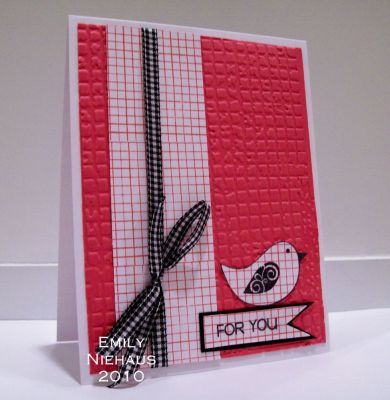 For You...
I am loving these background stamps!  I used the mesh/canvas looking square and stamped it to create the border panel on the left.  I also stamped it over the birdie (the freebie for club members!) and for my sentiment panel.  I used one of Tim Holtz Sizzix embossing folders for the background.

TFL!

http://emmielouwho.blogspot.com/
Keywords: backgrounds2build