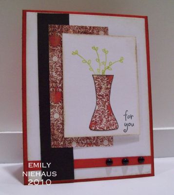 for you...
On this card, I paper pieced the vase with what I believe is Basic Grey DP.  It was in my scrap bin!  I also used some of the same DP to layer underneath my image.  I sponged a lot of distress inks around the red and white papers, to match the distressed look of the DP.  I stamped my greenery with kiwi kiss and my vase and sentiment in black.  I added some black Kaiser pearls to the red strip at the bottom.

TFL!

http://emmielouwho.blogspot.com/
Keywords: flowers2share