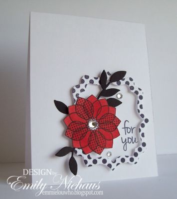 *Framed Flower
I used the smaller flower from sea2flower set and then filled the petals in using Strawberry ink and the solid turtle shell shape from turtles2love.  I then stamped the dots2love in black and used Stephanie's Sizzix Fancy Labels to make the frame. I popped it with foam dots and added some rhinestones and black leaves (sizzix) behind the flower.

TFL!

http://emmielouwho.blogspot.com/
Keywords: dots2love sea2flower