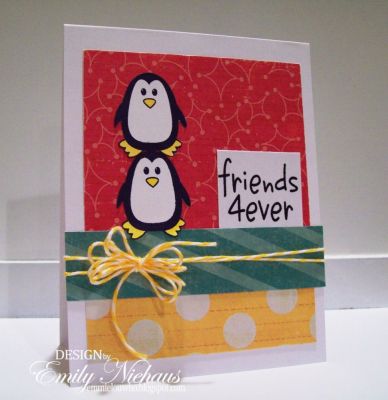 Friends 4 Ever
I used the two smaller penguins on this card.  I stamped them twice, cut them out and then stacked them on top of one another.  I used patterned paper from Crate Paper and some baker's twine from The Twinery!

TFL!

http://emmielouwho.blogspot.com/
Keywords: morepenguins2love