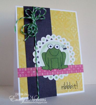 ribbit!
I just love this new set! So darn cute.  I used some Crate Paper DP and baker's twine from The Twinery on this one. I pieced the frog with green DP and used some green ink to sponge on parts of my beaded circle nestie in the background!

TFL!

http://emmielouwho.blogspot.com/
