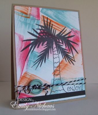 Funky Palm Tree!
Okay...so I was going for a funky, 80's, air brush T-shirt from spring break way back when kind of look!  LOL!  I just took several ink pads and smeared them in blocks onto white cardstock for my background, and stamped the palm tree in black over it.  May give this to one of the teeny bopper babysitters getting ready to go to Florida for a dance competition!

TFL!

http://emmielouwho.blogspot.com/
Keywords: island2visit beach