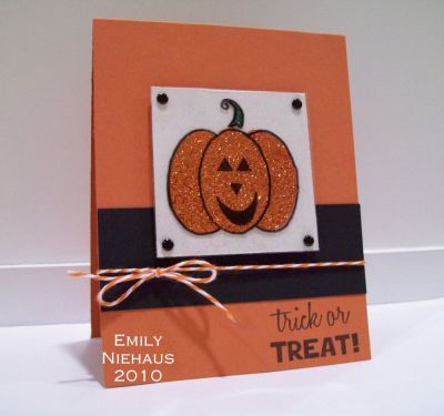 Glitter Pumpkin
I stamped my pumpkin onto a square of acetate with black staz on ink.  I then turned the image over and filled in the pumpkin and stem with glossy accents.  I sprinkled PK Glitz micro glitter in Mandarin and clover and let the image dry.  I adhered it to a square of off white CS with black brads.  

TFL!

http://emmielouwho.blogspot.com/
Keywords: Thanks2Fall CAS Halloween