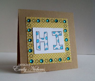 HI...
For this card I used the letters2color set and the borders4me set.  I colored the dots on the "HI" with a blue copic marker.  I stamped the open dot border around my yellow dot patterned paper and then stuck a blue rhinestone on every other circle.

TFL!

http://emmielouwho.blogspot.com/
Keywords: letters2color borders4me CAS