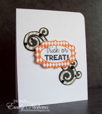 *Trick Or Treat!
I used several different sets on this card.  The swirls were made with the Sizzix Framelits Swirls dies.  I used black card stock for the background, and text from an old book for the inside swirls.  I added some black gems to the swirls, too.
The sentiment is from the Thanks2fall set, and the label was made with labels4cutting set.  

TFL!

http://emmielouwho.blogspot.com/

