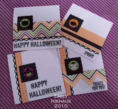 Spooky2scare Halloween card set
I used some fun DP from Echo Park, some epoxy stickers and fabulous sentiments from the spooky2scare set to make this set of cards.  I just love the font of the sentiments for Halloween!

I have close-ups of each individual card in my gallery!

http://emmielouwho.blogspot.com/
Keywords: spooky2scare, Halloween