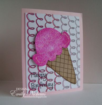 Birthday Cone
For this card I used several TSOL sets. I used scream4icecream (scoop), cone2dish (cone), greetings4birthday (sentiment) and borders4me (background).  After stamping my scoop of icecream in pink, I added some clear glitter from PK Glitz to make it look frosty.  I also sponged distress ink onto my cone.

TFL!

http://emmielouwho.blogspot.com/
Keywords: cone2dish scream4icecream greetings4birthday borders4me