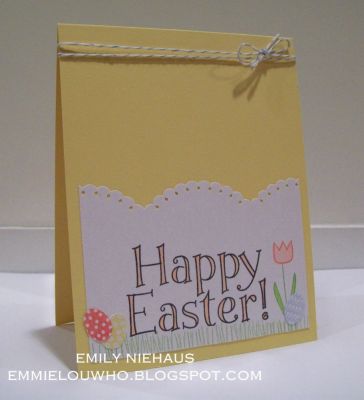 Happy Easter!
This new set is so fun to create little scenes with!  I stamped the grass several times on the bottom of the white panel and then stamped the sentiment on top of that.  I added some of the small Easter eggs and a tulip!

TFL!

http://emmielouwho.blogspot.com/
Keywords: bunny4Easter CAS Easter spring