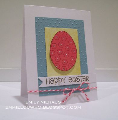 Happy Easter banner!
I love the way this card turned out! I stamped the flower print egg on pink and then used a white gel pen to fill in the centers.  I cut the "happy easter" center out of the center of one of the eggs so that I could stamp it horizontally. 

TFL!

http://emmielouwho.blogspot.com/
Keywords: Easter eggs2hunt