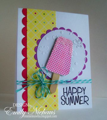 Happy Summer!
Don't you just love the cooridnating patterns4pops set? I made this card and plan on replicating it for our annual summer celebration we have with neighbors. The first weekend after the last day of school, we have a ice cream party for the kids. I think these will be perfect invites for this years celebration! I added some chunky snow glitter to the top of my pop so it looks icy! :)

http://emmielouwho.blogspot.com/
