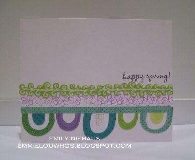 Happy Spring!
I used stamps from the flower2build set for this card. I accented with some borders from K&Company's Poppy Seed collection.

Quick and easy peasy!

TFL!

http://emmielouwho.blogspot.com/
Keywords: flower2build