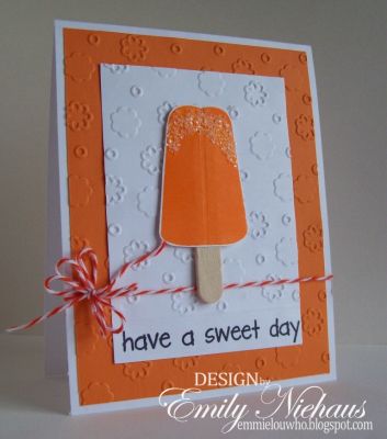 Have a sweet day!
I just love this set! So much fun. I decided to make an orange pop (one of my favorites). I stamped the pop in Stephanie's Tangerine ink. I also added some chunky crystal glitter to the top to give it an icy look. I have tons of those little pop sticks, so I added one on. I used one of Stephanie's new embossing folders for Sizzix. It seemed perfect for this summery card.

TFL!
http://emmielouwho.blogspot.com/
