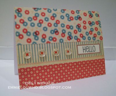 Hello
I used some Cosmo Cricket patterned paper, old buttons and a sentiment from labels2use for this card.  Easy Peasy!

TFL!

http://emmielouwho.blogspot.com/
Keywords: labels2use Cosmo Cricket