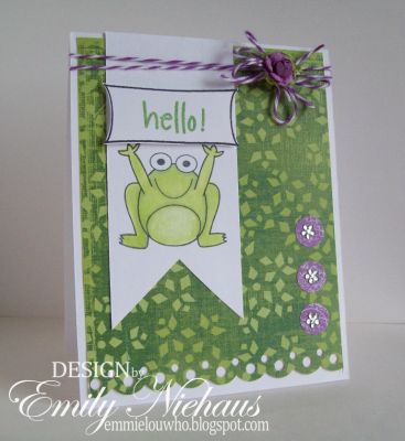 Hello!
I love purple and green together! I used some very old DP from K&Company along with some purple twine from The Twinery!

http://emmielouwho.blogspot.com/
Keywords: sign4froggy