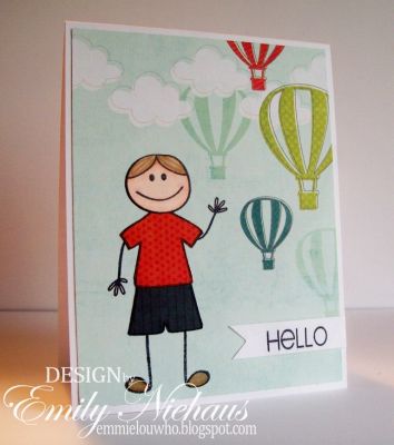 *HeLLo!
I just love these cute little stick kids! I paper pieced his close and colored his face with copic markers.  I stamped him on some patterned paper that already had the clouds and balloons.

TFL!

http://emmielouwho.blogspot.com/
