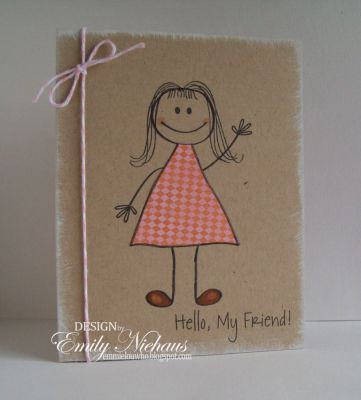 Hello, my friend!
I kept this card simple! I stamped my little girl in black and then pieced her dress with patterned paper.  I added some pink baker's twine from The Twinery and sponged white acrylic paint along the edges.  I colored her shoes and her cheeks with copic markers.
Easy peasy!  TFL!

http://emmielouwho.blogspot.com/
Keywords: kids2love CAS