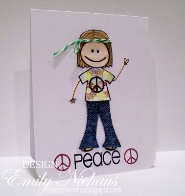 Hippie Chick!
I used a bunch of TSOL sets for this card. I used the kids2love set for the shirt and head.  I colored with copics and tied some baker's twine on for a head band.  I used the spiros2stamp set to create her tie dye T-shirt.  I cut her bell bottoms out of some old jeans and used a fine point sharpie to draw the details.  I also hand drew the sandals and her hand that is holding up the peace sign.
The "Peace" and the peace signs are from the pray4peace set.


http://emmielouwho.blogspot.com/
Keywords: kids2love spiros2stamp pray4peace CAS
