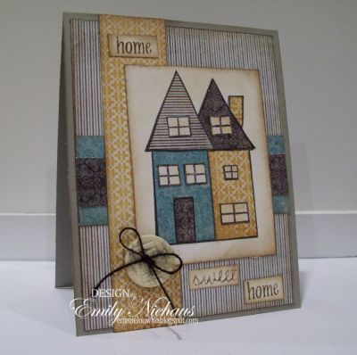 Home Sweet Home...
I wanted this card to look primitive, so I paper pieced the houses with paper from My Mind's Eye Stella and Rose Hattie collection.  I used lots of distress ink on the paper edges.  I stamped the separate words from teh sentiment and then cut them out. I did this by masking the other words.
I added a vintage button with a burlap string bow to the corner to finish it off!

TFL!

http://emmielouwho.blogspot.com/
