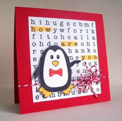 How Are You?
I used both the penguins4Christmas and the search4words set for this card.  This card is for my cousin's son, who has been in the hospital with osteomyelitis (a nasty bone infection) in his arm.  He is now home, but will be receiving several IV antibiotics a day for LOTS of weeks.  He just LOVES penguins, so I had to make a card with this set for him.  I simply highlighted the sentiment I wanted with the same copic marker I used on his beak and feet.

TFL!

http://emmielouwho.blogspot.com/
Keywords: penguins4Christmas search4words