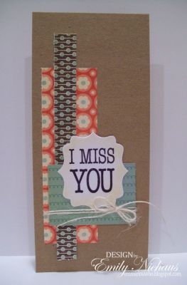 I Miss You
I used Stephanie's Fancy Labels dies with this sentiment and some MME Beloved paper.  The card is super long and fits into a legal size envie.  I added some ivory burlap string under the framed sentiment.

TFL!

http://emmielouwho.blogspot.com/
