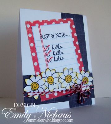 Just A Note...
I made this for a sketch challenge over on SCS (SC366). It seemed perfect for this new set!  The little hello is from the spiros2stamp set.  Inks are by Stephanie, too. I used Strawberry, Licorice, Sky and Banana!

TFL!

http://emmielouwho.blogspot.com/
Keywords: list2write spiros2stamp