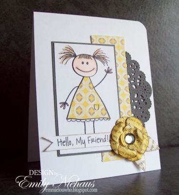 *Hello, Friend!
I made this card with the set, Katie2love and I also used Stephanie's Flower Layers & centers Bigz die to create the flower in the corner. I pieced the dress with patterned paper from Crate Paper. The flower was made by sponging yellow ink over text from an old book.

TFL!

http://emmielouwho.blogspot.com/ 
