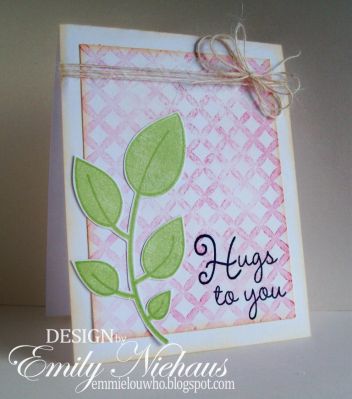 Hugs to You...
I just love how this pattern2love stamp looks like lattice! I stamped the pattern2love in Schoolhouse ink by Donna Salazar onto scrap paper first, then onto my card base.  I inked the edges of all of the paper with antique linen distress ink.  The sentiment is from the sympathy4you set and the leaves are from the friends4ever set.  I added some ivory burlap twine to the top.

Thanks for taking a peek!

http://emmielouwho.blogspot.com/
Keywords: pattern2love sympathy4you friends4ever