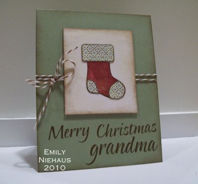 Merry Christmas Grandma
I love how you can mix stamps from different TSOL sets.  The stamps in words4family are the same font as the Merry Christmas in the Chirstmas2build set, so you can customize cards for everyone in the family!  I paper pieced the stocking from Christmas2build with paper form Basic Grey's Oliver collection.  I tied some brown baker's twine to finish it off!

TFL!

http://emmielouwho.blogspot.com/
Keywords: words4family Christmas2build Christmas