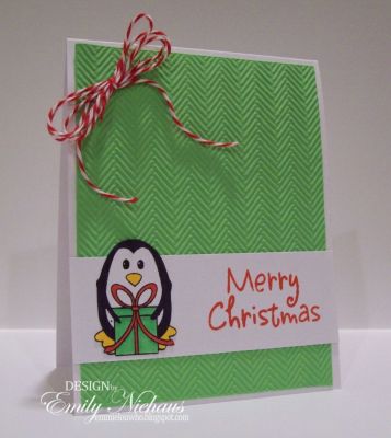 Merry Christmas!
For this card, I embossed my green panel with a CB folder (Herringbone, i think).  I then stamped my penguin in licorice ink and my sentiment in Strawberry ink (both Stephanie's new inks).  I colored parts of the penguin and the gifts with Copic markers and added a baker's twine bow to the top corner.

TFL!

http://emmielouwho.blogspot.com/
Keywords: penguins4Christmas CAS Christmas
