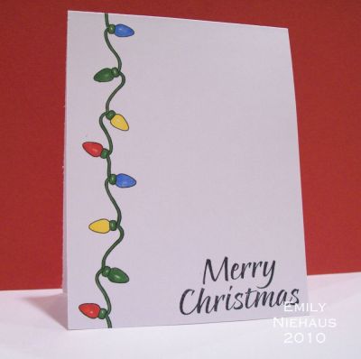 Merry Christmas lights!
I kept this card very CAS.  I stamped everything in Memento Tuxedo Black ink and then colored the Christmas lights with Copic Markers.

Easy Peasy!

TFL!

http://emmielouwho.blogspot.com/
Keywords: Holly4Christmas CAS Christmas