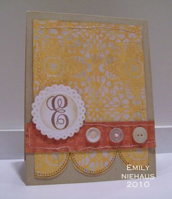 I used both the monogram2build and alpha4monogram set to create this card.  I used the dotted circle to stamp on my yellow dp panel and then cut out around them to make the scallops.  This is definitely a must have set to create beautiful stationary, and greeting  card sets for little holiday gift giving!

TFL!

http://emmielouwho.blogspot.com/
Keywords: monogram2build alpha4monogram