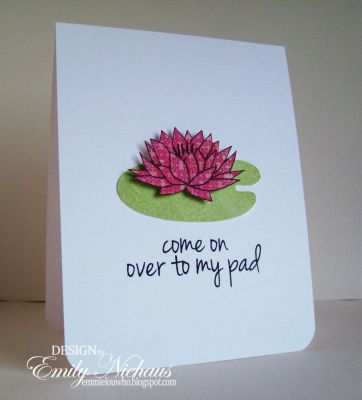 Come on over...
On this card I used the lily pad and lily from froggy2love set and the sentiment is from sayings4froggy set.

I stamped my lily on DP and cut it out.  I used foam dots to pop it up on the lily pad.

TFL!

http://emmielouwho.blogspot.com/
Keywords: froggy2love sayings4froggy