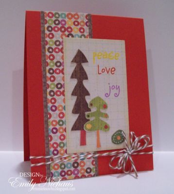 Peace, Love, Joy
On this card I used three of the words from this set.  The dp and the trees are cut from Crate Paper's Snow Days collection.  I stamped the words with Stephanie's new inks! Love them.   I tied a baker's twine bow at the bottom.

TFL!

http://emmielouwho.blogspot.com/
Keywords: penguins4Christmas Christmas holidays