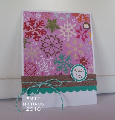 Peace & Joy...
One thing I love about the minis4circles set is the teeny little sentiments.  Sometimes I like to make a card with the patterned paper as the focus and you don't want to take away from it.  The circles and sentiments in this set are PERFECT!
This card is easy to make and easy to reproduce.  I used patterned paper from Crate Paper's Snow Day collection and baker's twine from The Twinery.

TFL!

http://emmielouwho.blogspot.com/
Keywords: minis4circles Christmas holiday