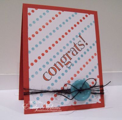 Congrats!
For this card I used baja breeze and ridinghood red ink for my dot borders.  I used an acrylic block with grid lines to help me line up those lines perfectly.  I used the congrats stamp from words2color and colored in with a copic!

TFL!

http://emmielouwho.blogspot.com/
Keywords: words2color borders4me