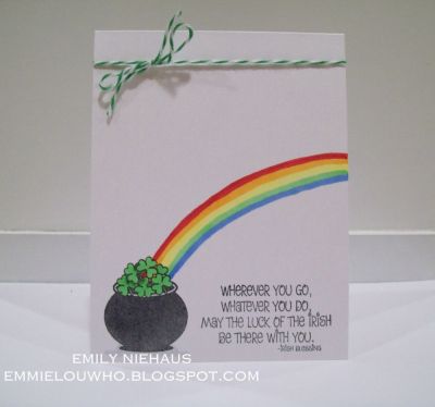An Irish Blessing...
I had fun with this one.  I used my Copic markers to draw the rainbow coming from the pot of shamrocks! Super fun!

TFL!

http://emmielouwho.blogspot.com/
Keywords: shamrocks4us stpatricksday CAS