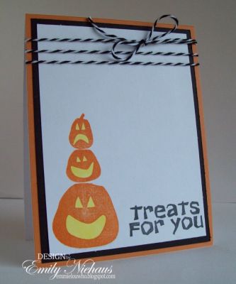 Pumpkin Trio
For this card, I stamped three different size pumpkins in orange-stacked on top of one another.  I then went back and filled in the eyes and mouths with a yellow copic marker.  Easy Peasy!

TFL!

http://emmielouwho.blogspot.com/
Keywords: solids4Halloween