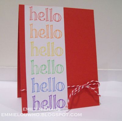 Rainbow hello!
For this card I used the hello from words2color and stamped it in the colors of the rainbow.  I added some baker's twine to finish it off.
An easy peasy card!

TFL!

http://emmielouwho.blogspot.com/
Keywords: CAS words2color