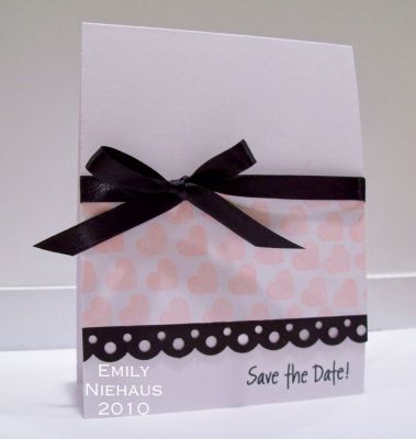 Save The Date!
I used stamps from calendar2build and the calendar mini.  I stamped the heart repeatedly in pink to create the middle panel.  I matted it with black and used a MS border punch at the bottom.  

A quick and easy save the date for the big day!

TFL!

http://emmielouwho.blogspot.com/
Keywords: calendar2build calendarmini