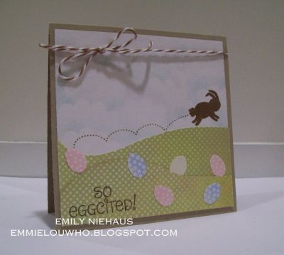 So Eggcited!
I thought this card would be fun as an Easter Egg hunt invitation.  My husband and I have talked for years about hosting a neighborhood egg hunt, so this may be the year!
I made the grass with a couple layers of Memory Box DP.  I stamped several little eggs in different colors and then adhered them over and under the grass layers.  I created my sky using a scrap scallop circle and some Soft Sky ink.  The bunny and "bunny trail" is stamped in Soft Suede ink.  The baker's twine is from The Twinery.

TFL!

Keywords: bunny4Easter Easter spring