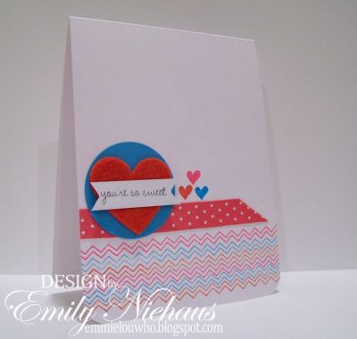 You're So Sweet!
I used the hearts2love set for the sentiment and little hearts.  The chevron or zig-zag borders are from the borders4me set.

TFL!

http://emmielouwho.blogspot.com/
Keywords: CAS Valentine hearts2love borders4me