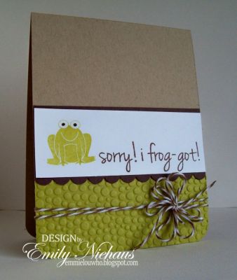 Sorry, I frog-got!
I used the small frog and sentiments from sayings4froggy.  I ran the kiwi kiss cardstock through my cuttlebug with the tiny bubbles folder.  I added some brown baker's twine from The Twinery.

TFL!

http://emmielouwho.blogspot.com/
Keywords: sayings4froggy