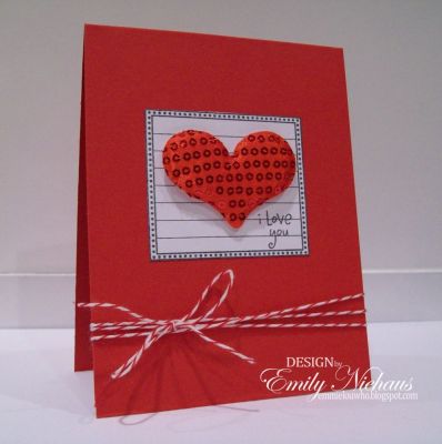 Sparkle heart!
For this card I used a journal block as the frame for my puffy fabric heart. I bought the heart at Hobby Lobby during Valentine's season.  I used the "i love you" sentiment from flowers2share.  
Tied some baker's twine at the bottom and done! EASY PEASY!

TFL!

http://emmielouwho.blogspot.com/
Keywords: lines2journal flowers2share CAS love