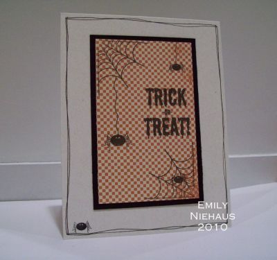 Tick Or Treat!
I am not a fan AT ALL of spiders, but these little guys are just too cute!  I stamped my webs and spiders on Little Yellow Bicycle Booville DP.  I drew in the webs they are hanging down from.  I matted this with black cardstock.  I doodled around the card base with a black archival pen!

TFL!

http://emmielouwho.blogspot.com/
Keywords: spooky2scare Halloween