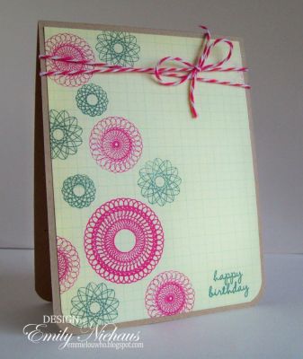 Birthday Spiros
This set is so versatile and fun!  I stamped several different spiros in pink and blue over a piece of ledger looking patterned paper.

TFL!

http://emmielouwho.blogspot.com/
Keywords: spiros2stamp CAS
