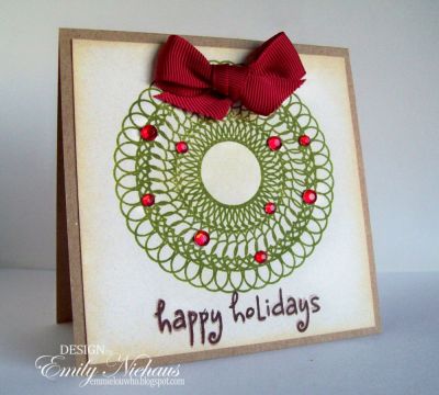 Spiros Wreath
On this card I used the large spiros from spiros2stamp and the sentiment from penguins2love.  I added a bow and some rhinestone berries to my wreath.  

TFL!

http://emmielouwho.blogspot.com/
Keywords: spiros2stamp penguins2love Christmas CAS