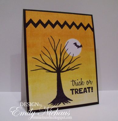 *Spooky Tree
For this card I brayered the background to create a spooky sky.  I created a mask for the moon before doing this.  I then used one of the chevron dies to cut the top off I just left a space so the black card base would show through. The sentiment and the bat are from the thanks2fall set.

TFL!
http://emmielouwho.blogspot.com/
